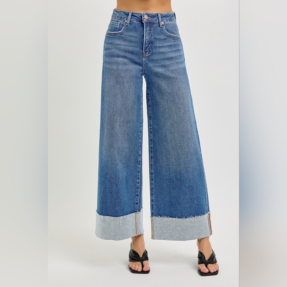 Risen HR Tummy Control Medium Wash Wide Leg Cuffed Denim Jeans Various NEW - Picture 6 of 7